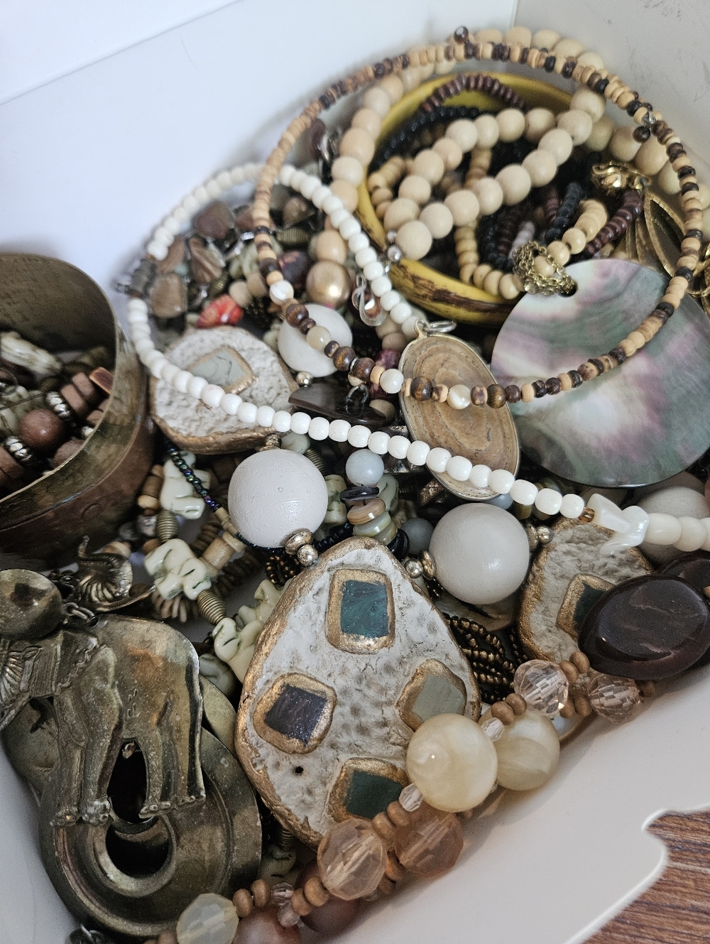 Estate Jewelry Lot Light Neutral Boho Beads And Nature With Shells And Elephants